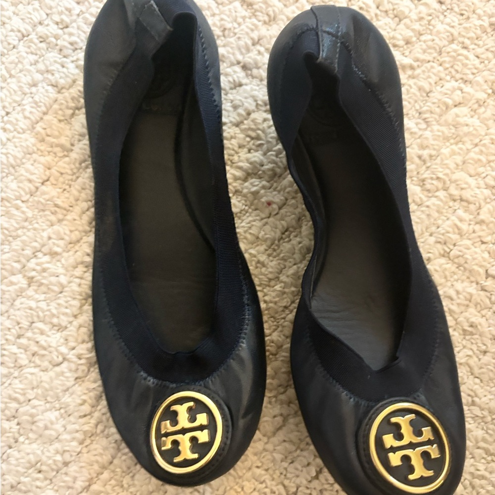 Tory Burch Navy Ballet Flats with Gold Logo